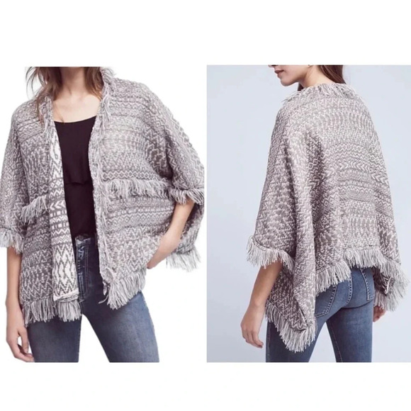 Anthropologie Sweaters - Anthropologie Sweater Cardigan Fringe Open Front Kimono Shawl Wrap Gray One Size